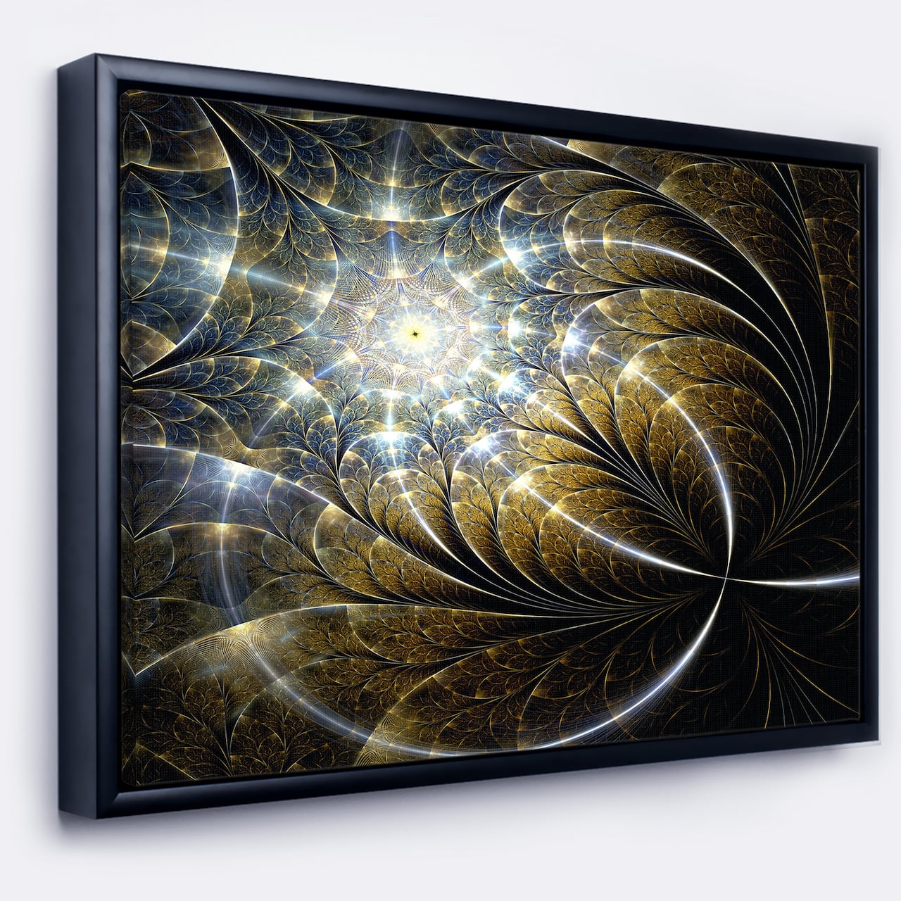 Designart - Symmetrical Dark Golden Fractal Flower - Abstract Canvas Print in Black Frame